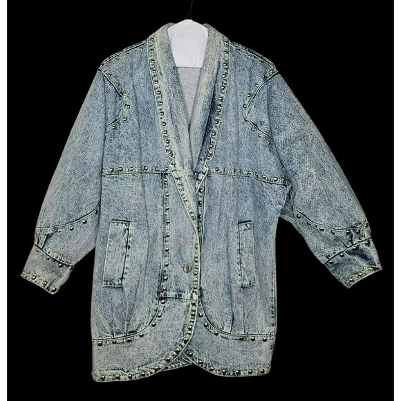 Studded Denim Oversized Jacket 80s VTG Eunina Acid Wash Lrg Biker Rocker Western - Picture 1 of 6